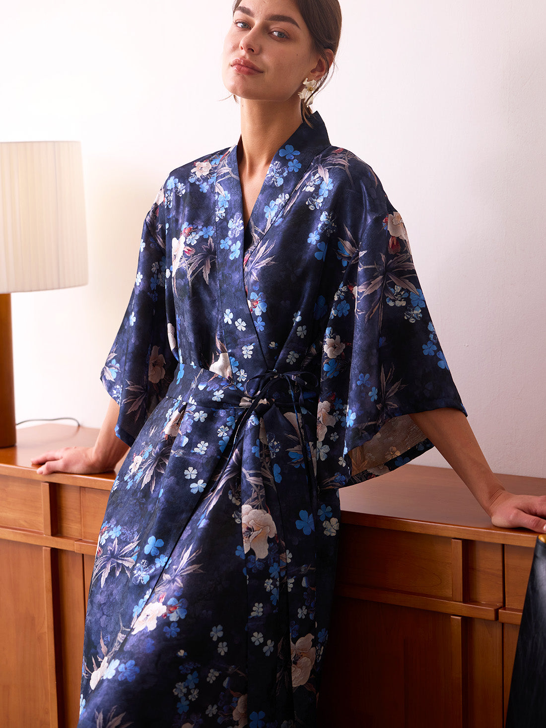 Navy Floral Garden Shimmer Kimono Robe