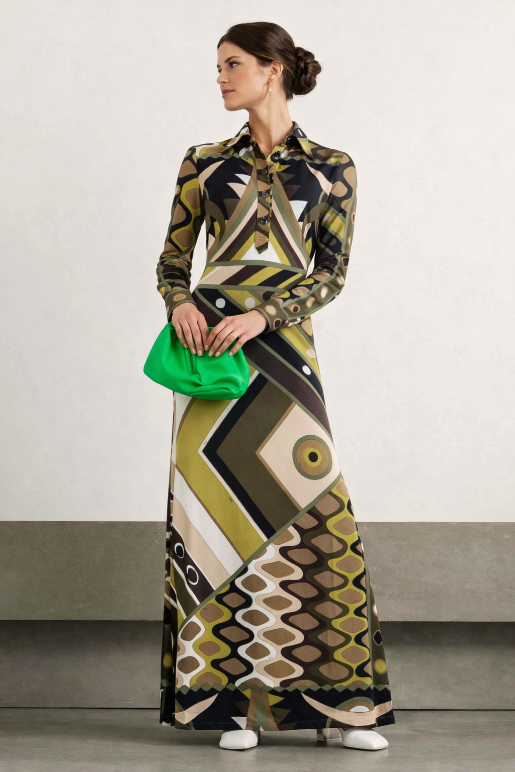 Retro Abstract Print Long Sleeve Maxi Dress