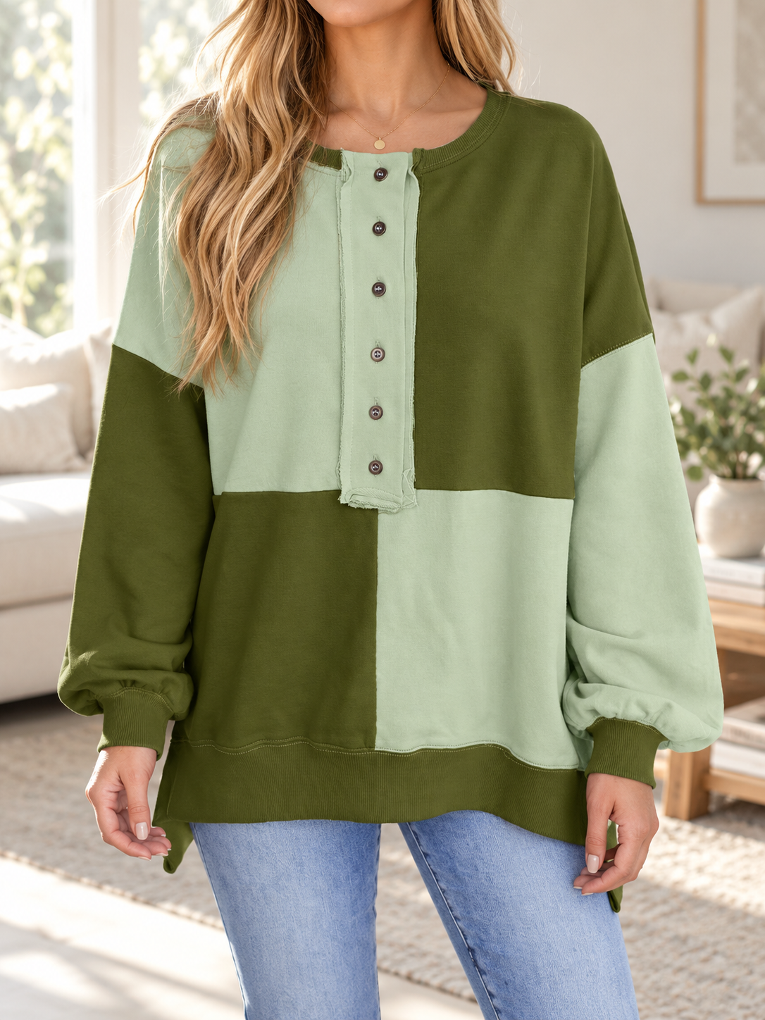 Boutique Color Block Henley Relaxed Long Sleeve Sweatshirt