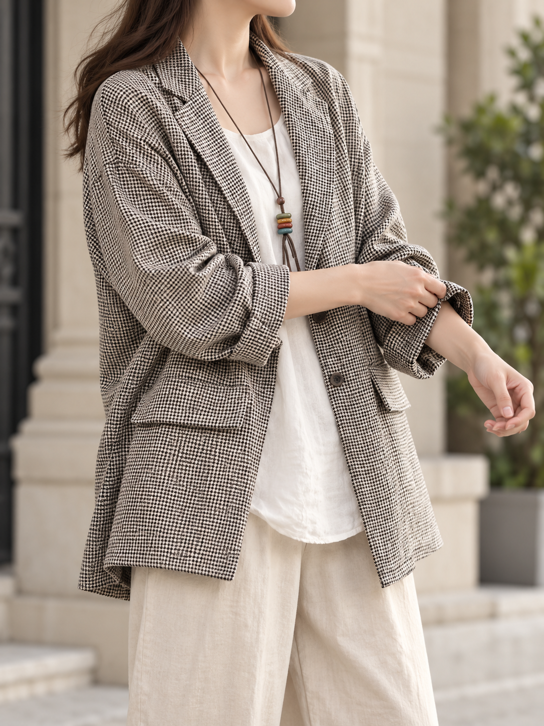 Micro Check Tailored Lapel Relaxed Blazer with Patch Pockets