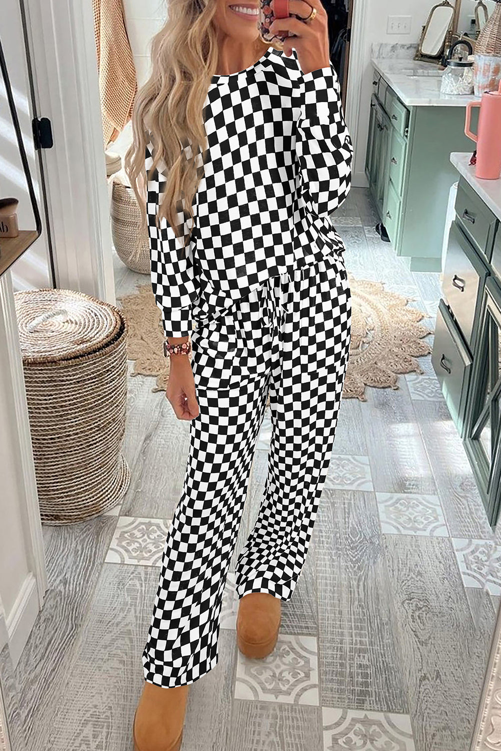 Checkered Print Long Sleeve Top Pants Lounge Set