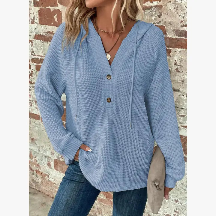 Cross-Border Women’s Waffle Knit V-Neck Hoodie