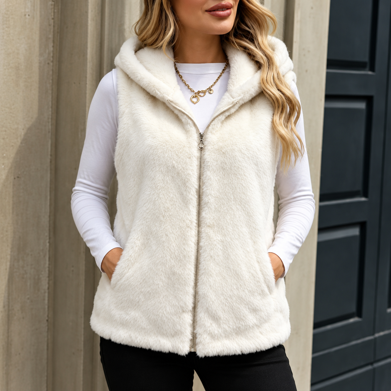 Minimalist White Hooded Faux Fur Vest Zip Front with Pockets