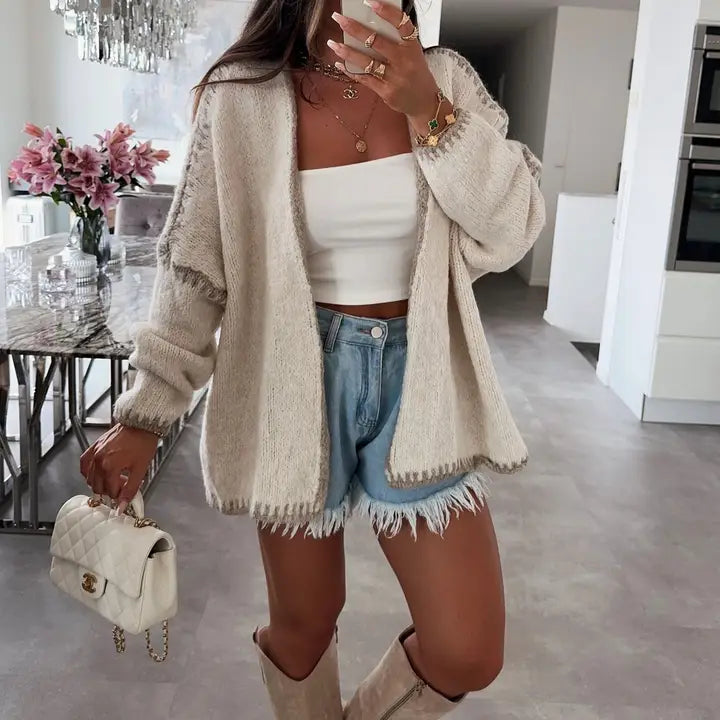Women’s Solid Color Thick Knit Tweed Cardigan