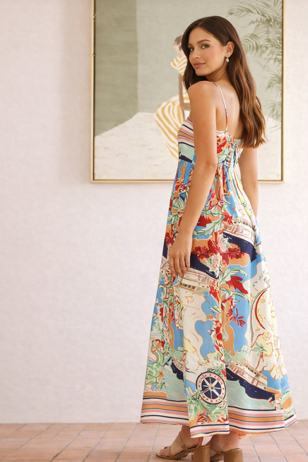 Geometric Floral Print Sleeveless Midi Dress