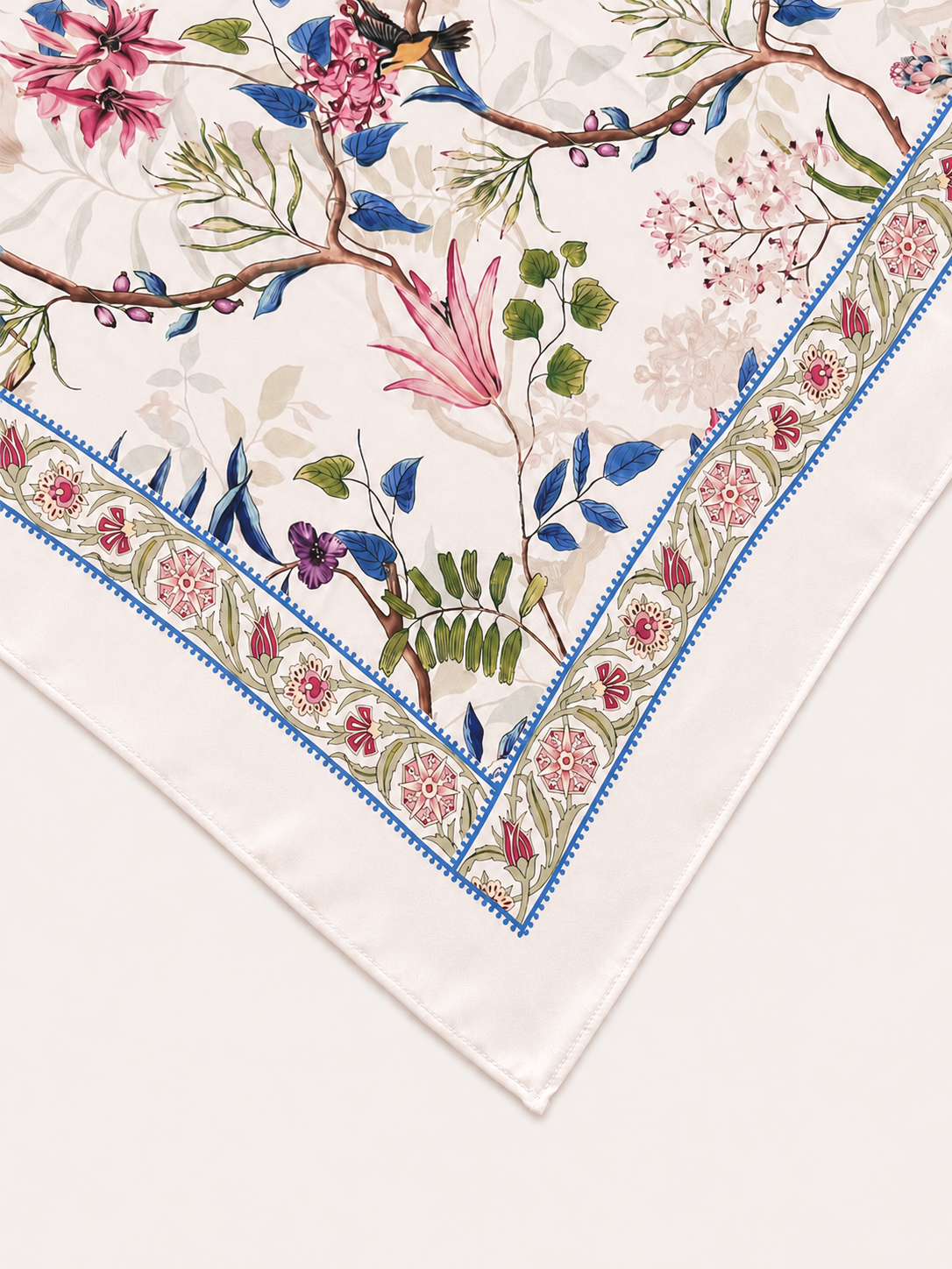 Beige Chinoiserie Charmeuse Floral Square Scarf