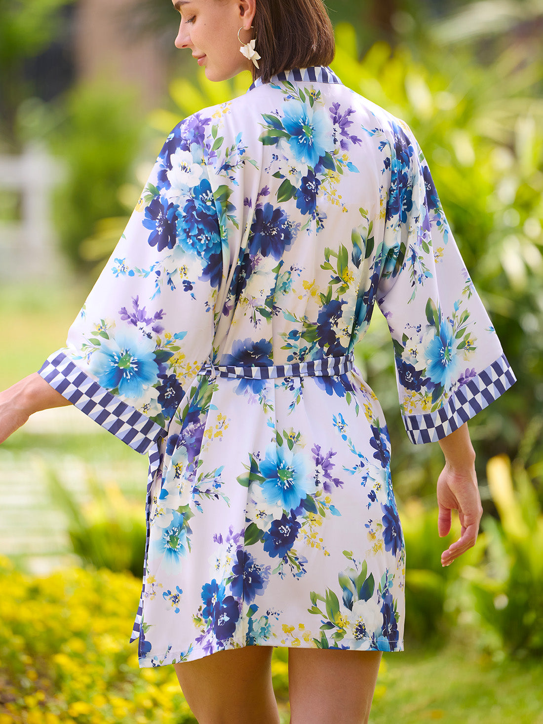 Bluebell Garden Short Kimono Robe with Pockets