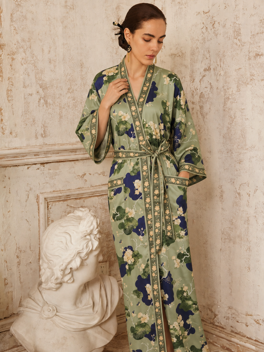 Olive Blossom Kimono Robe with Pockets