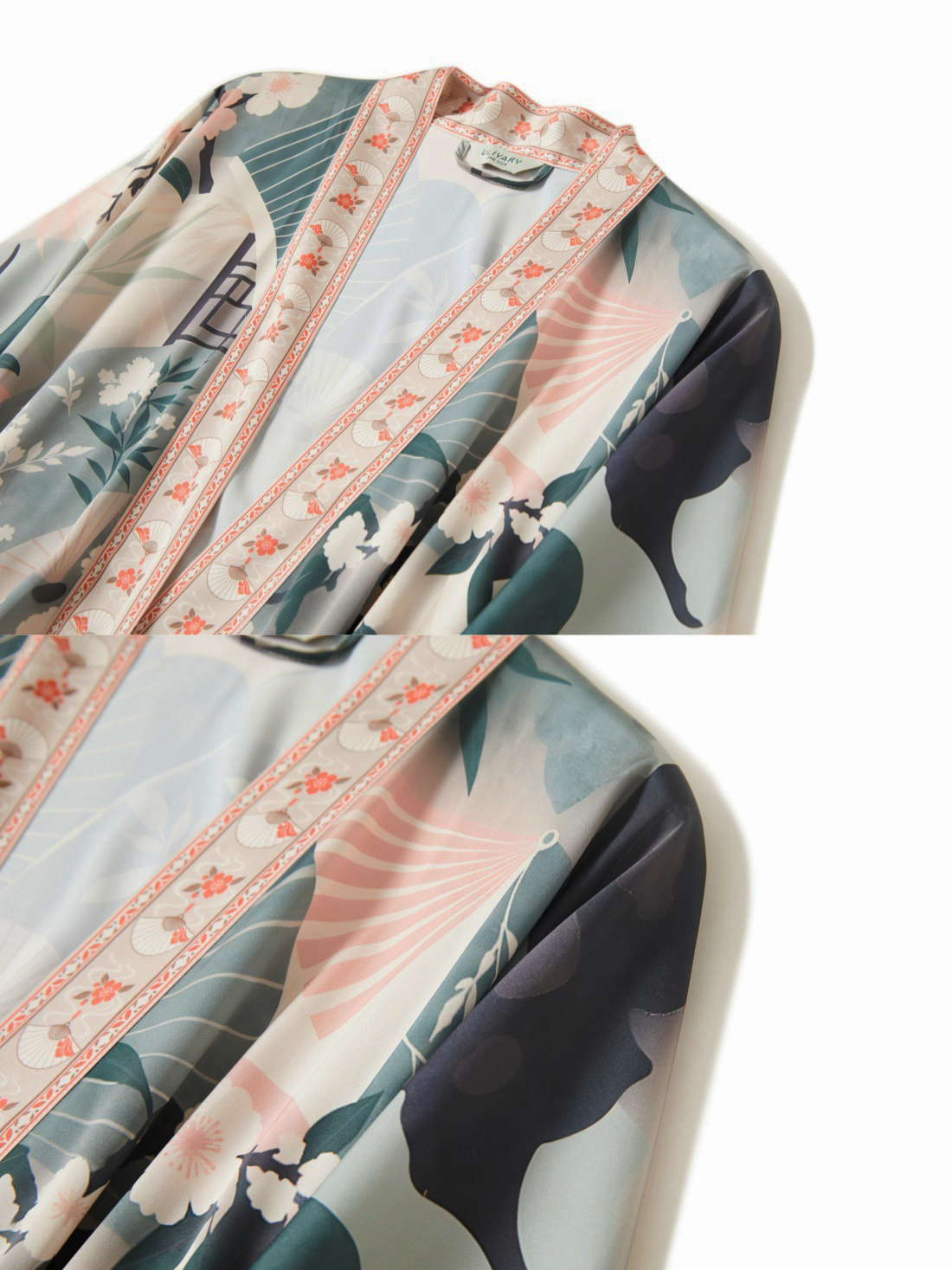 Sage Garden Fan Long Kimono Robe with Pockets