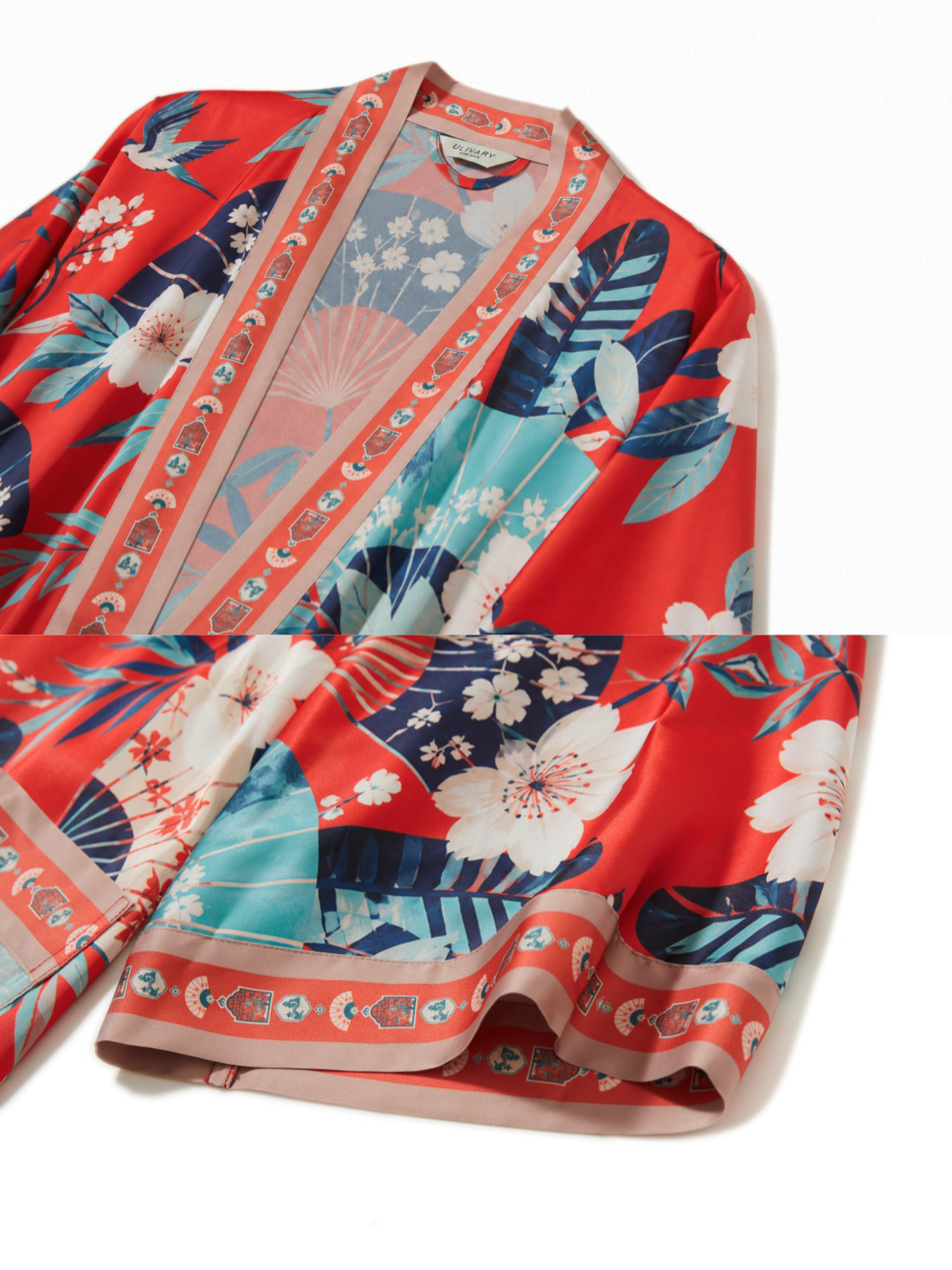 Coral Chinoiserie Kimono Robe with Pockets