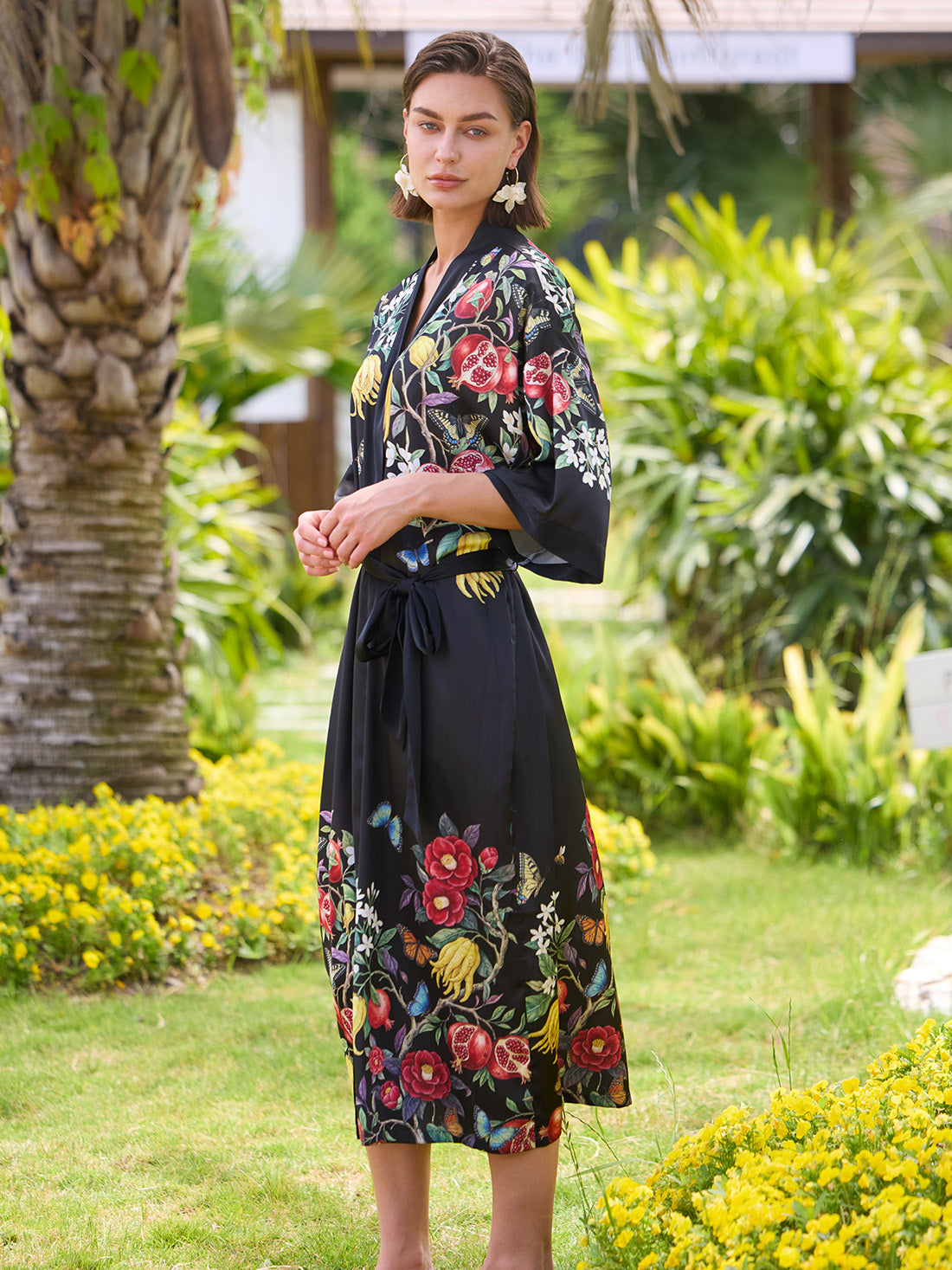 Black Botanical Kimono Robe