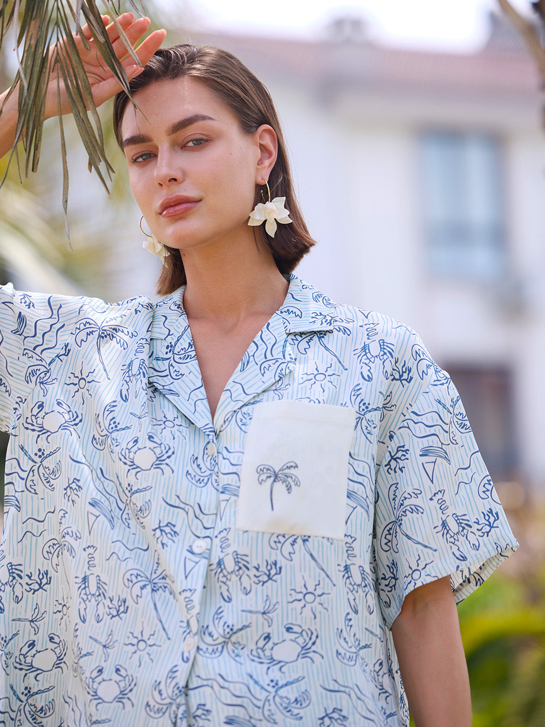 Milk Apricot Coastal Print Long Pajama Set