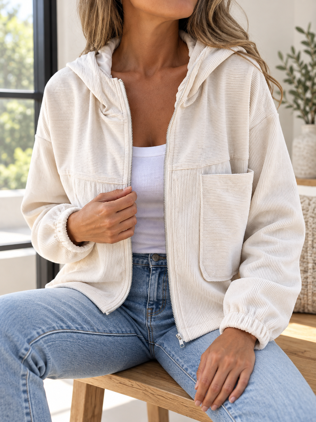 Boutique Textured Zip Front Hooded Jacket