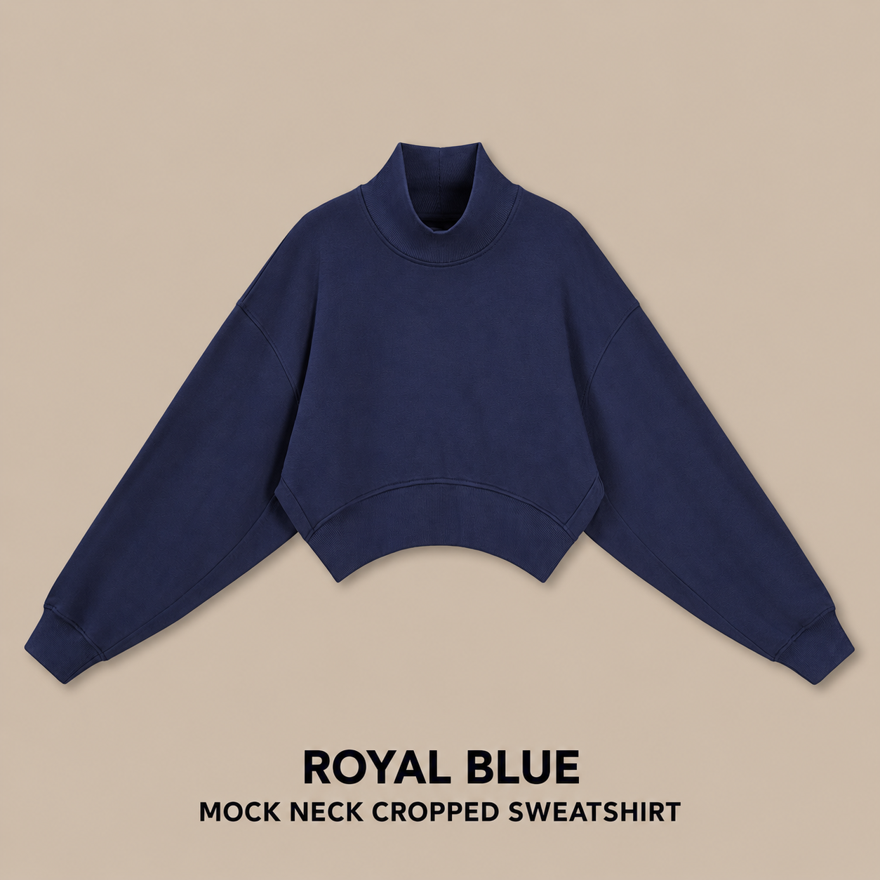 Royal Blue Mock Neck Cropped Sweatshirt, Boxy Long Sleeve Top for Women
