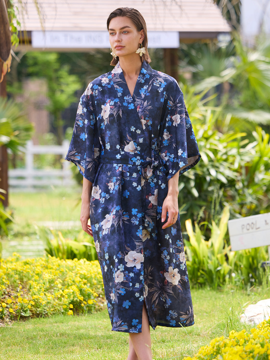 Navy Floral Garden Shimmer Kimono Robe