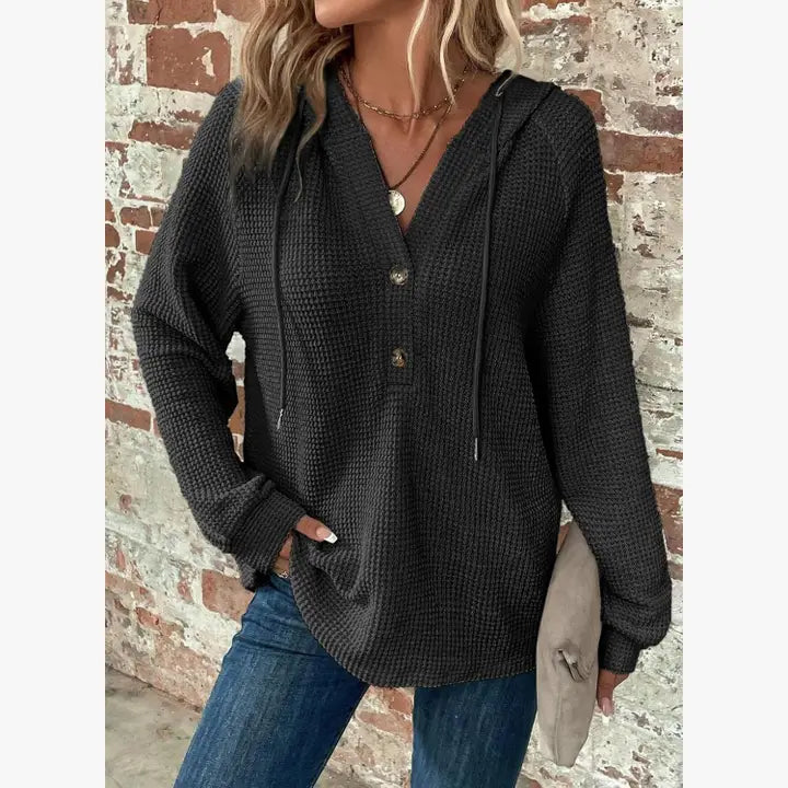 Cross-Border Women’s Waffle Knit V-Neck Hoodie
