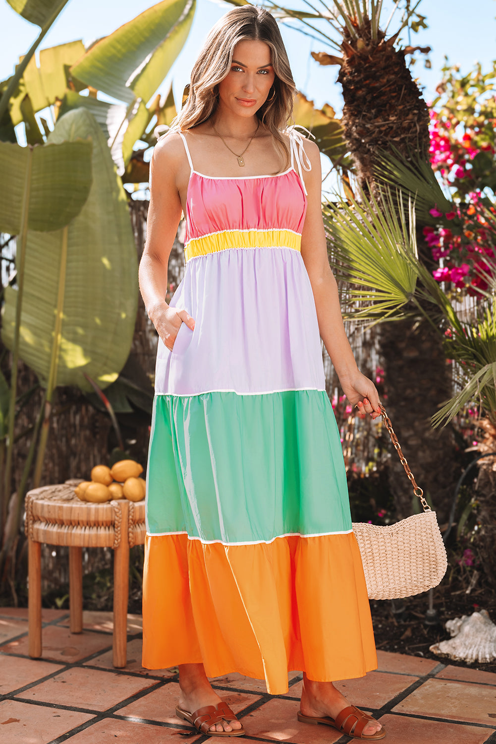 Colorblock Self tie Straps High Waist Flowy Maxi Dress Pockets