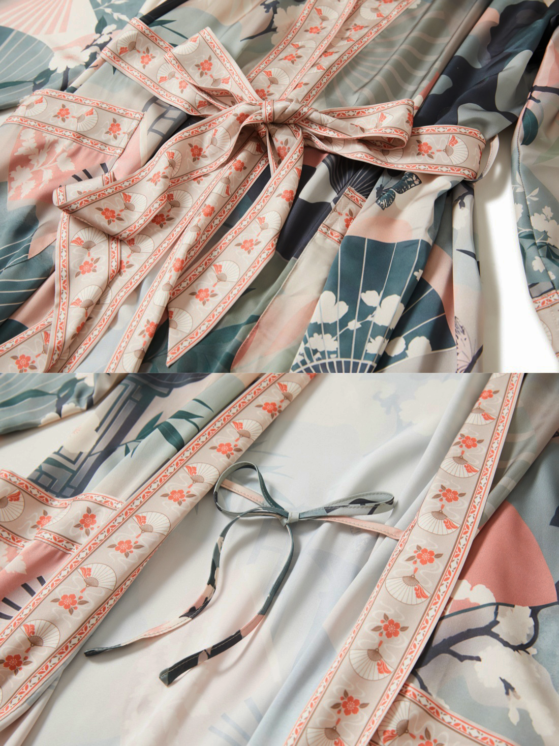 Sage Garden Fan Long Kimono Robe with Pockets