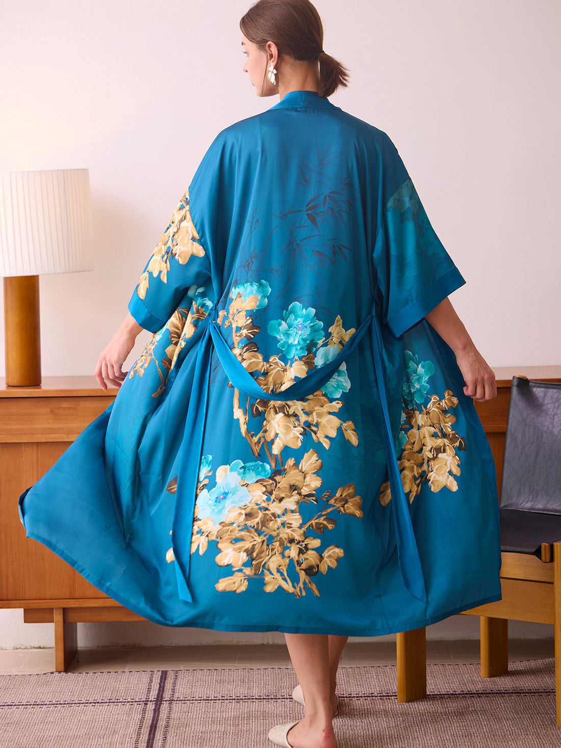 Teal Orchid Bloom Kimono Robe