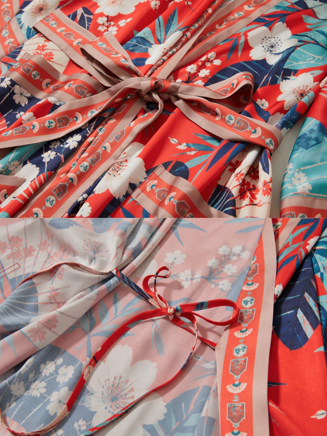 Coral Chinoiserie Kimono Robe with Pockets