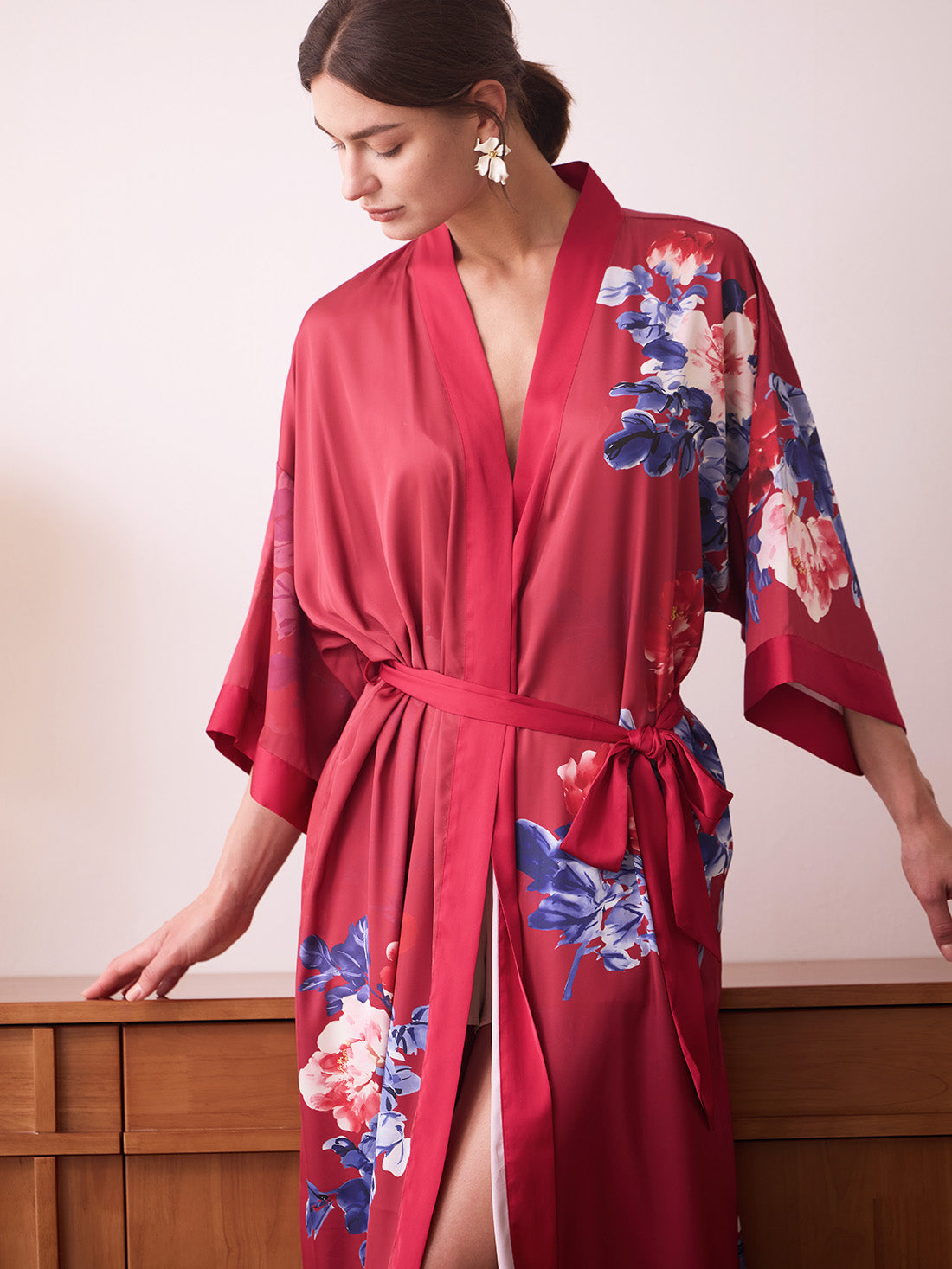 Berry Red Peony Kimono Robe