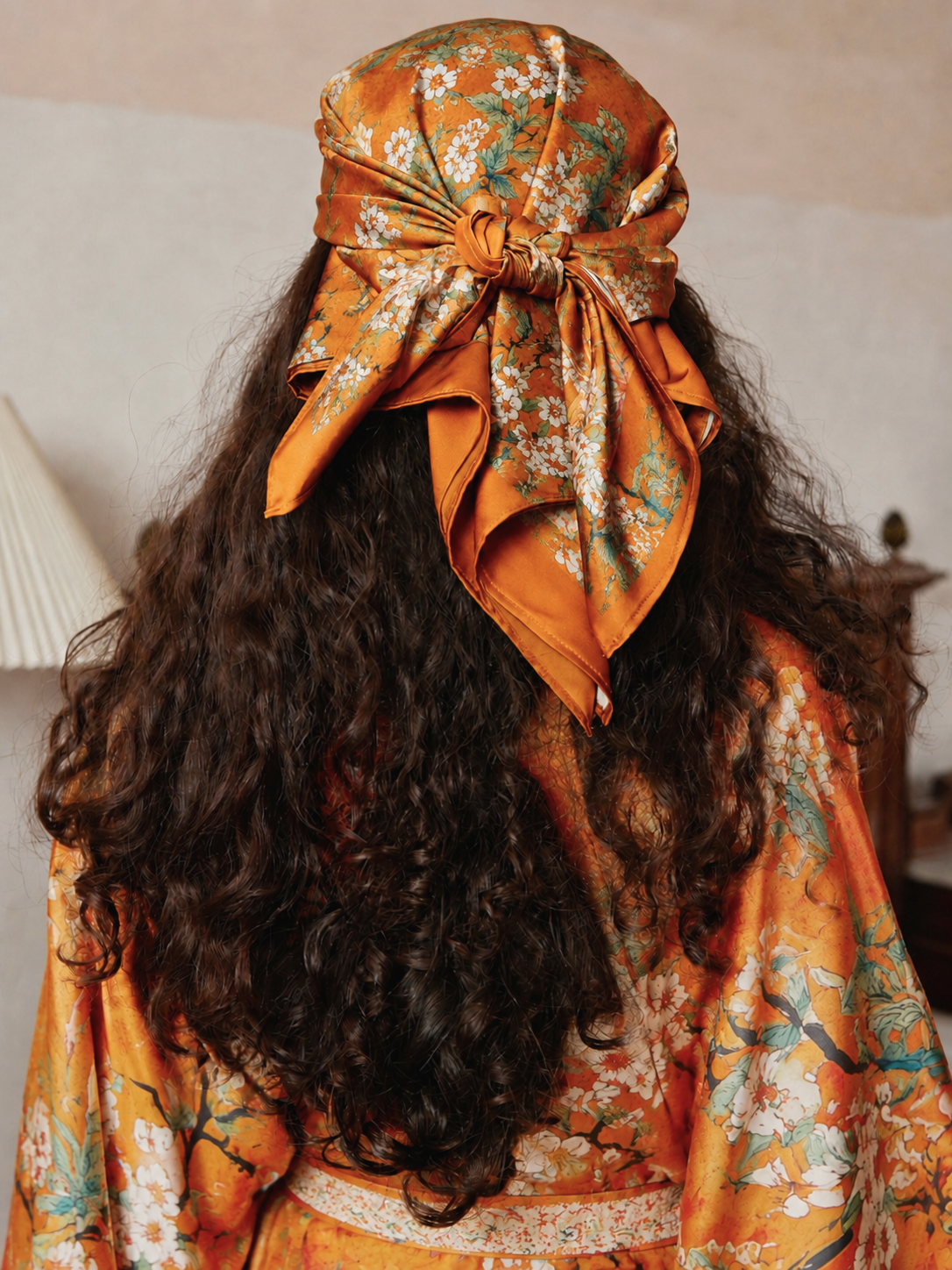 Orange Enamel Camellia Charmeuse Floral Square Scarf