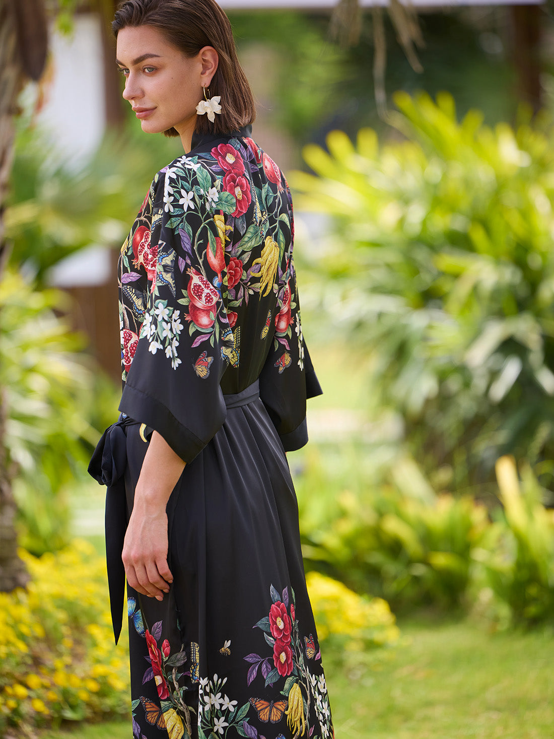 Black Botanical Kimono Robe