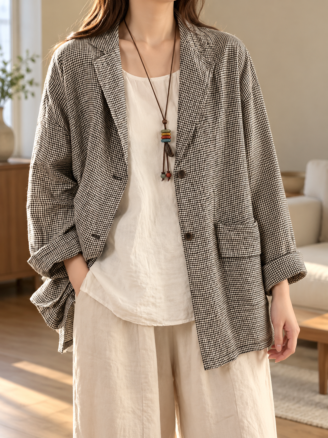 Micro Check Tailored Lapel Relaxed Blazer with Patch Pockets