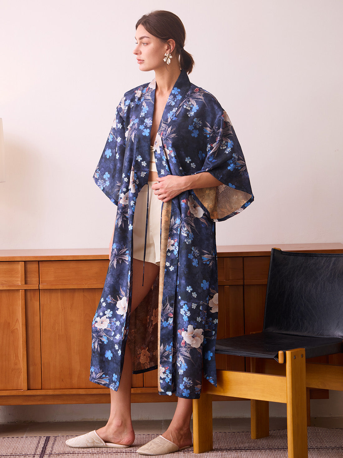 Navy Floral Garden Shimmer Kimono Robe
