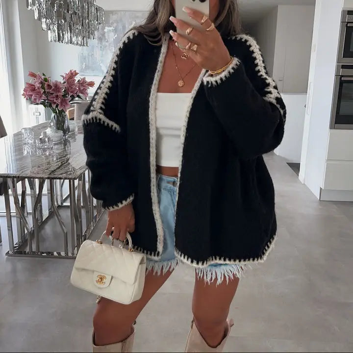 Women’s Solid Color Thick Knit Tweed Cardigan