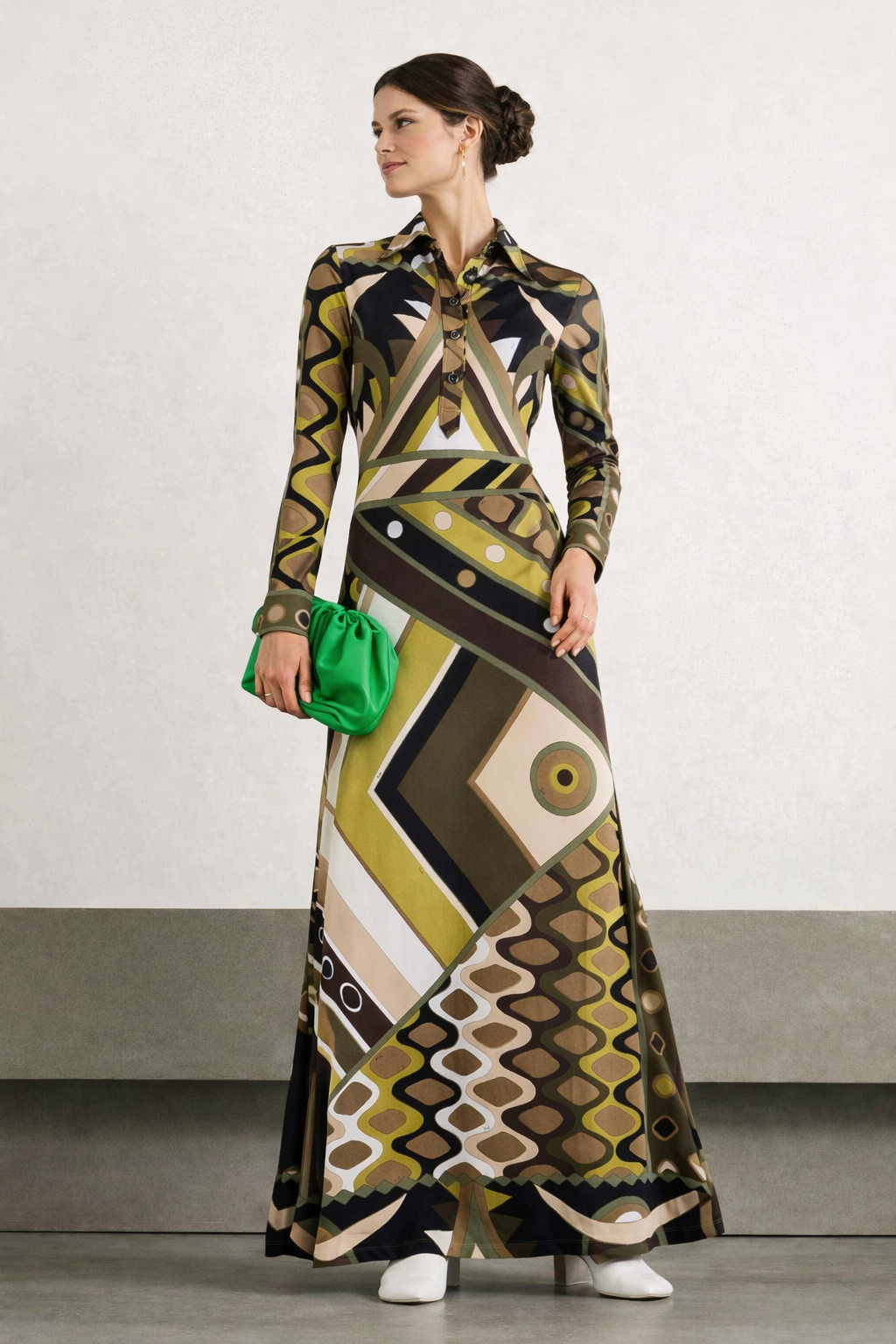 Retro Abstract Print Long Sleeve Maxi Dress