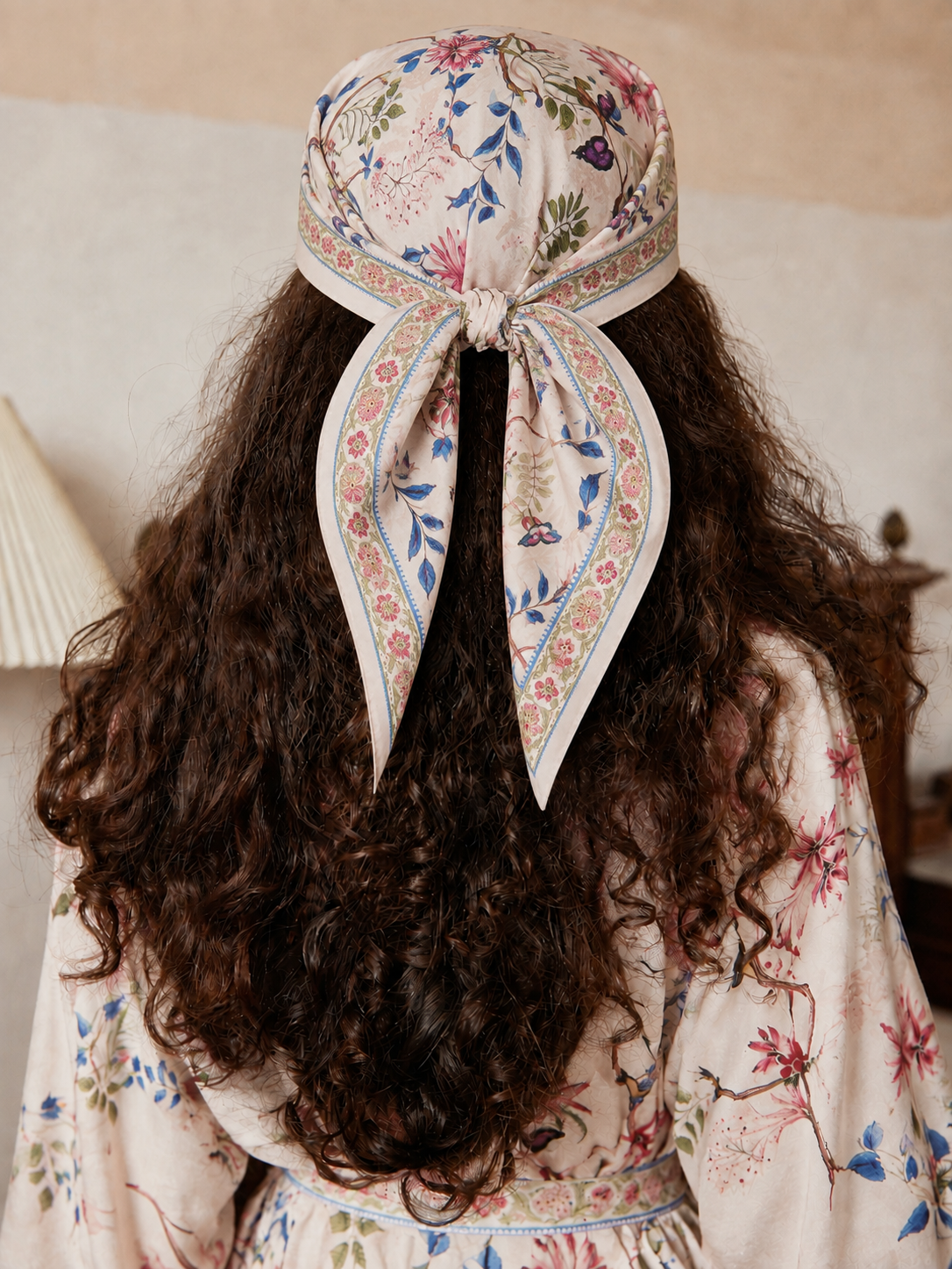Beige Chinoiserie Charmeuse Floral Square Scarf