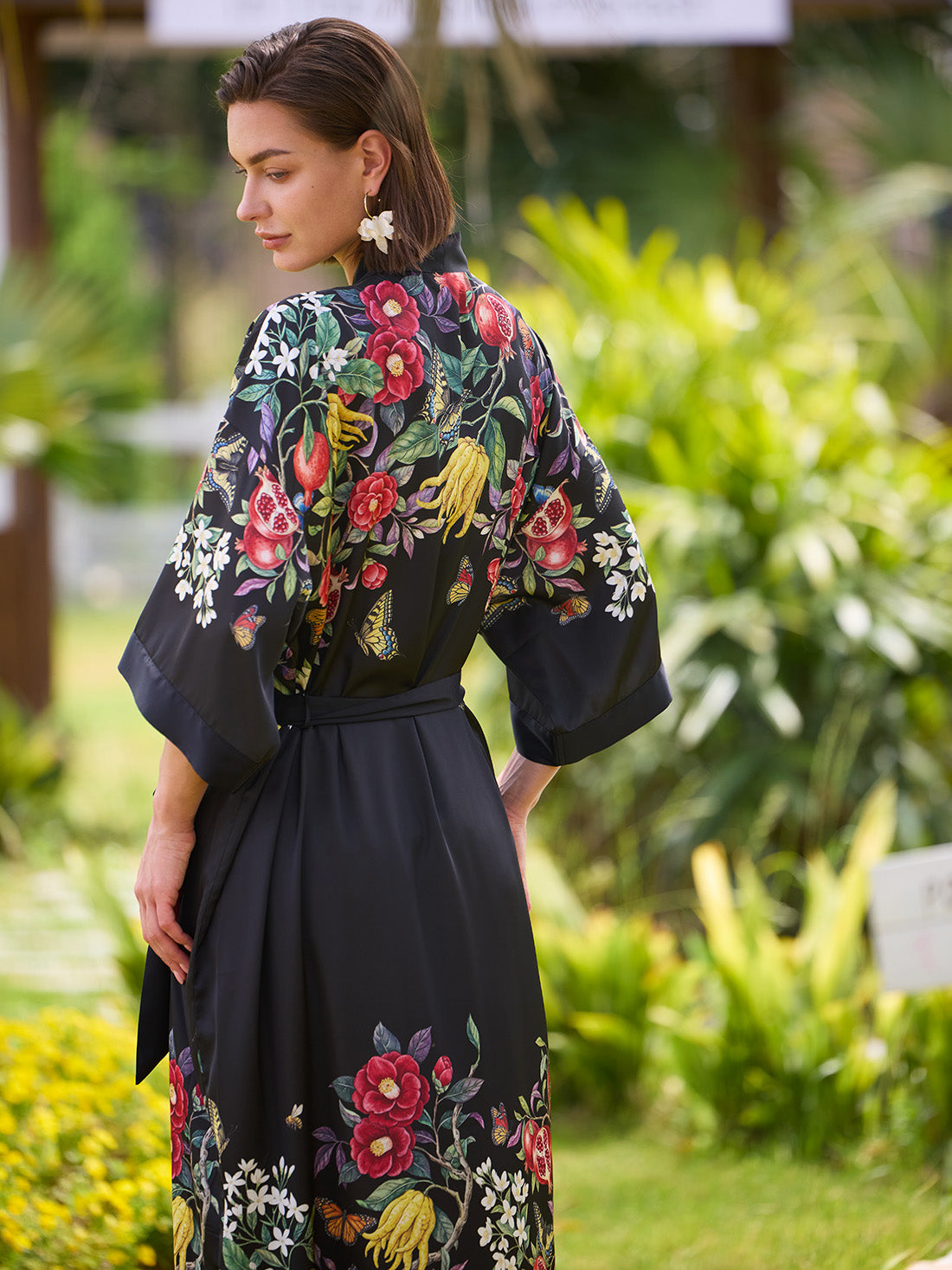 Black Botanical Kimono Robe