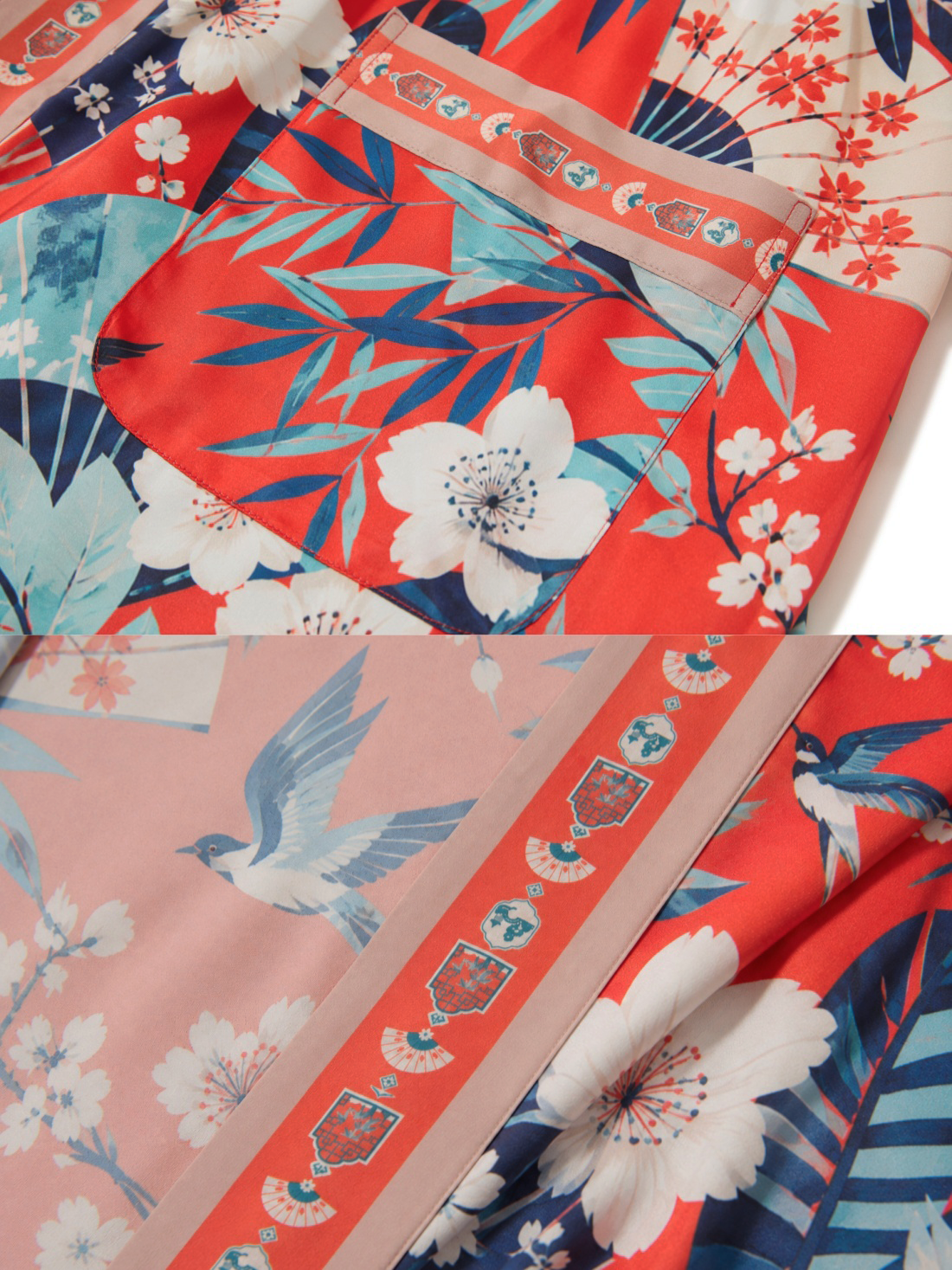 Coral Chinoiserie Kimono Robe with Pockets