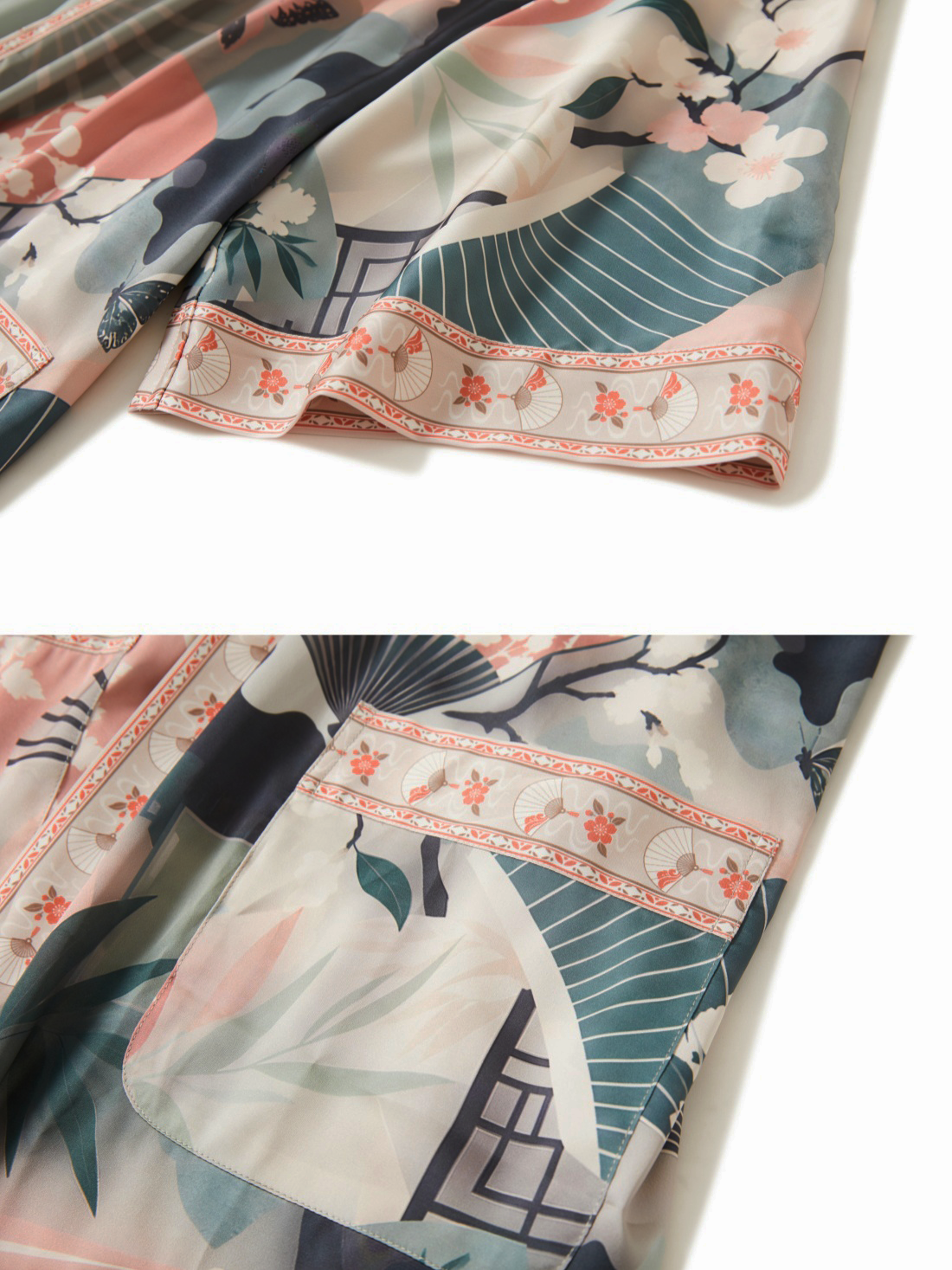 Sage Garden Fan Long Kimono Robe with Pockets