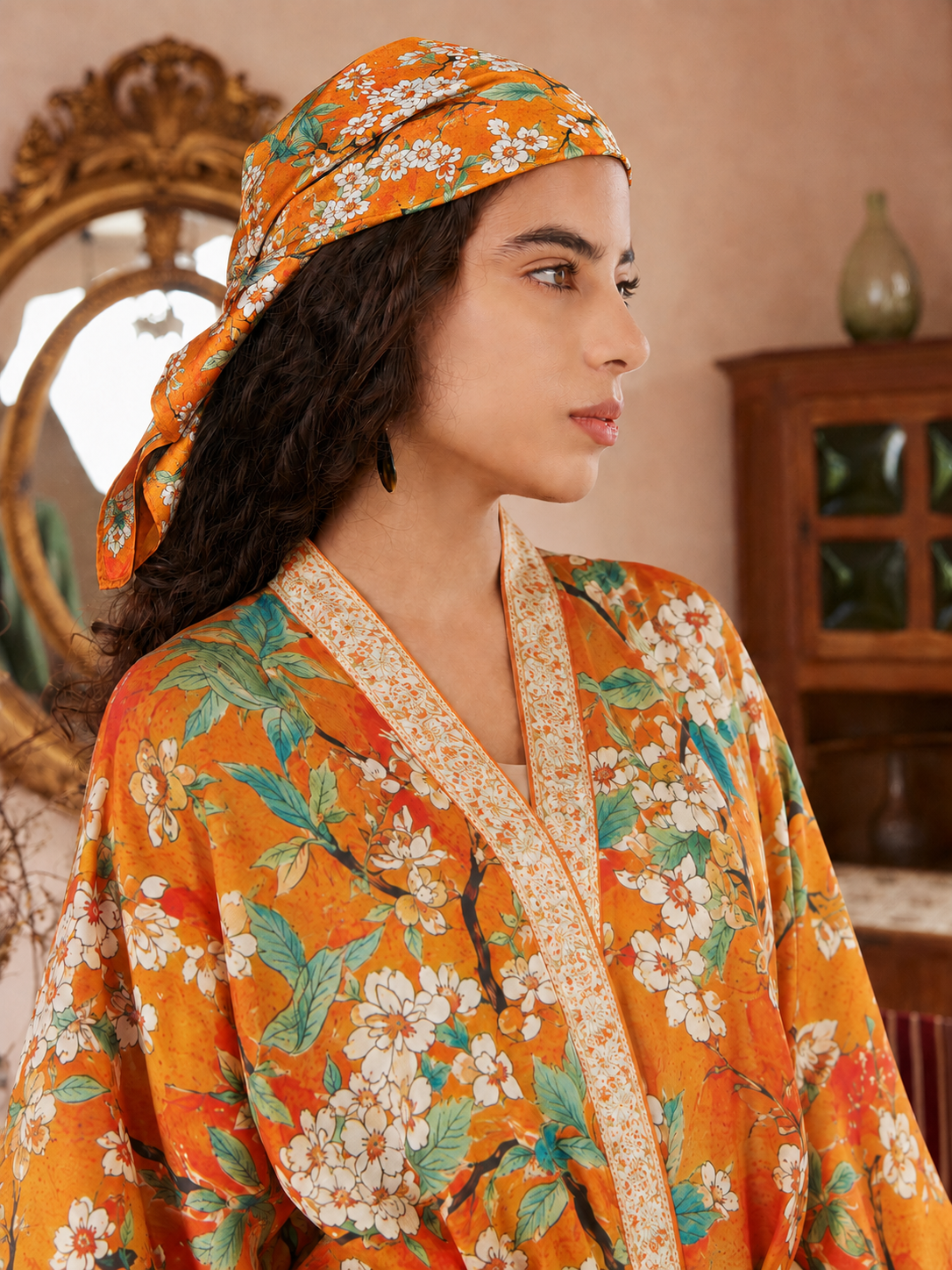 Vintage Orange Enamel Camellia Floral Kimono Robe with Pockets