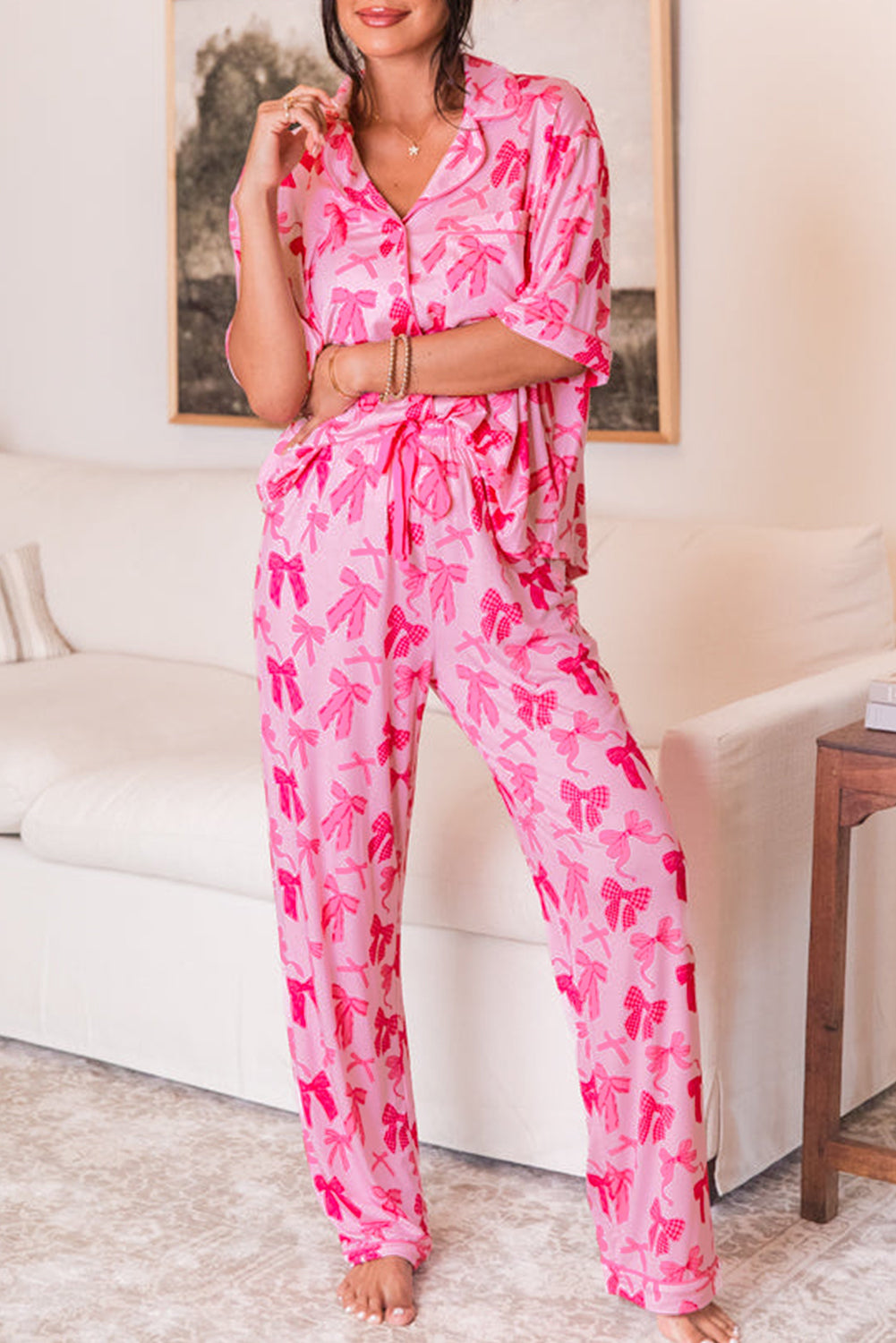 Bow Knot Print Lapel Collar Short Sleeve Pants Pajamas Set