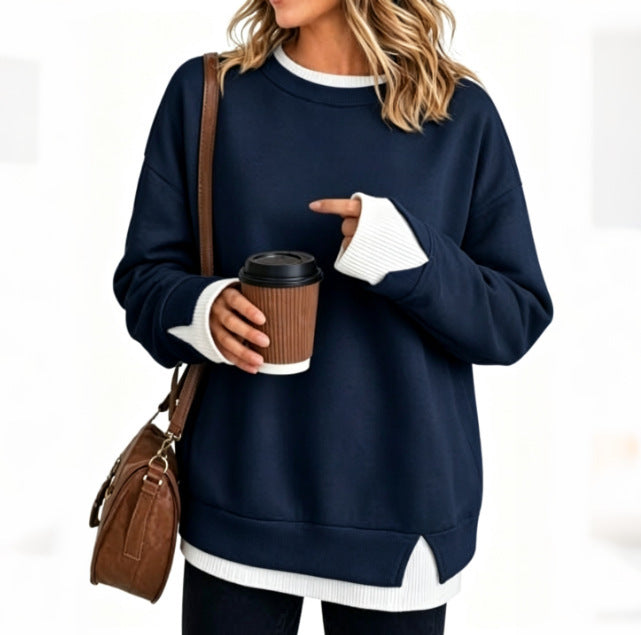 Layered Look Crewneck Sweatshirt with Contrast Soft Rib Trim