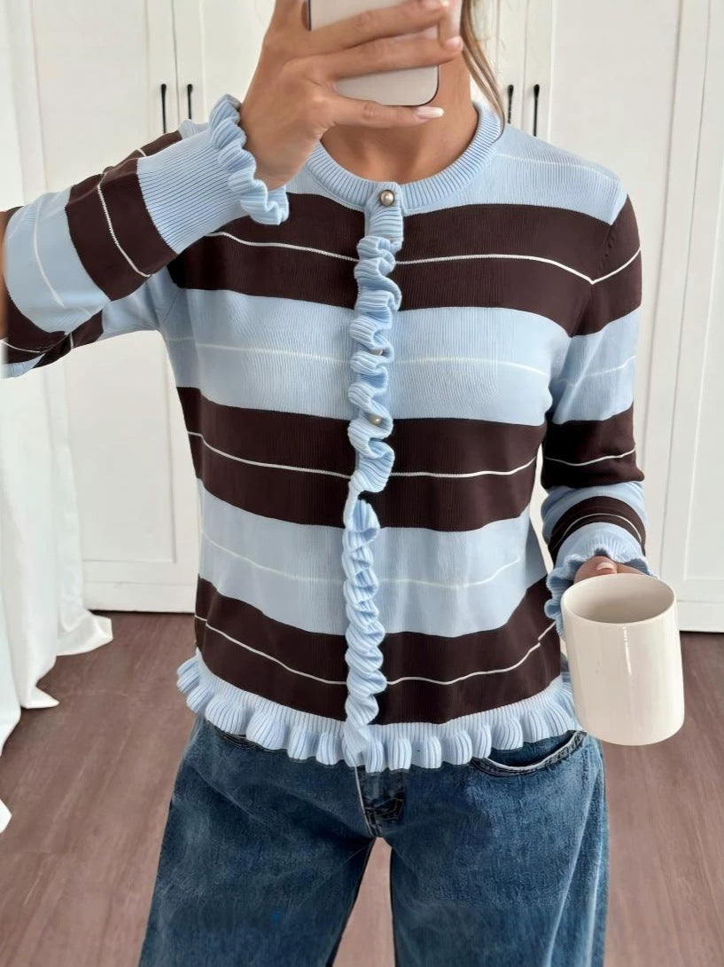 Boutique Striped Ruffle Trim Knit Cardigan