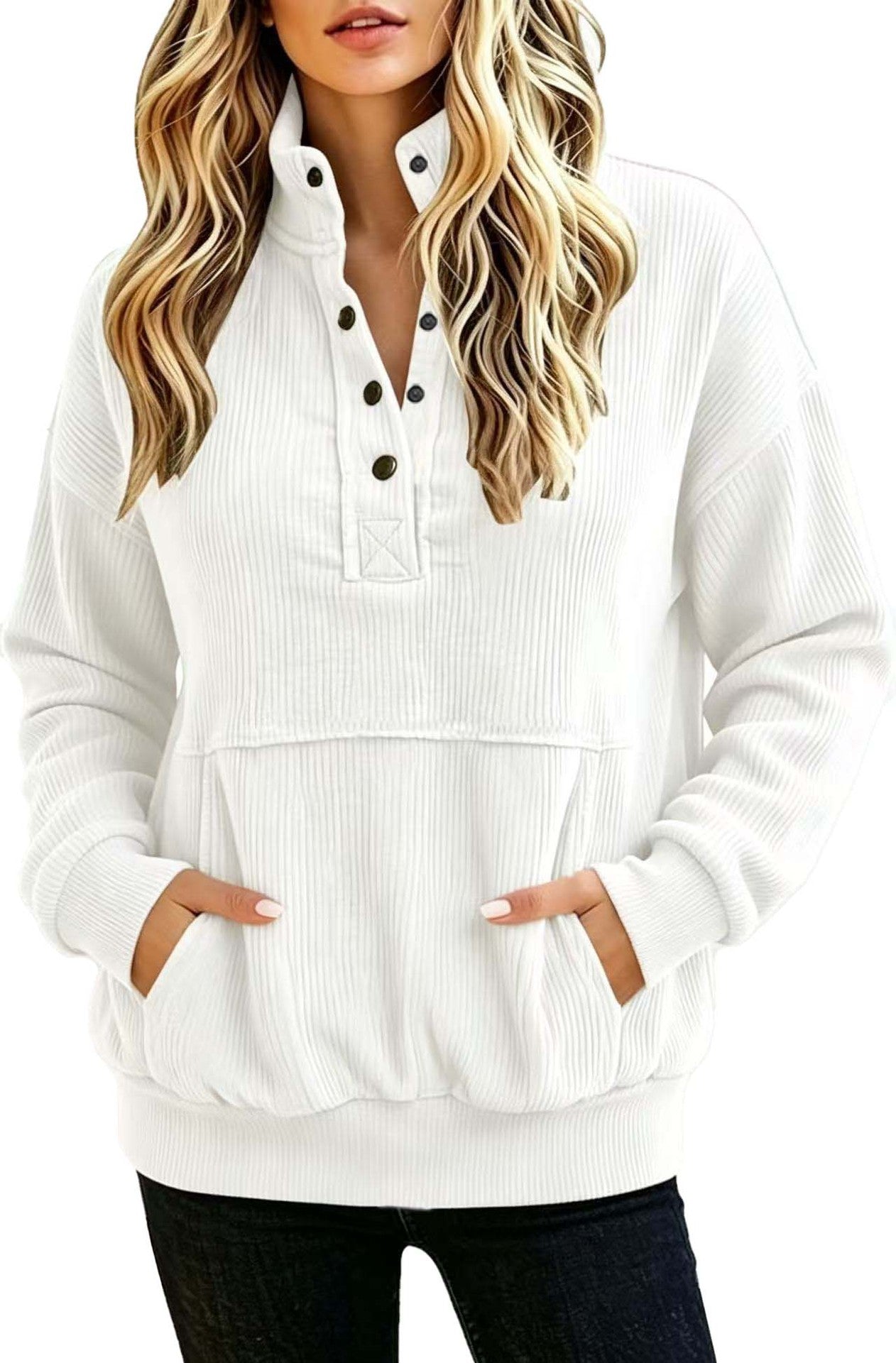 Womens Minimal Olive Ribbed Button Neck Pullover Sweatshirt