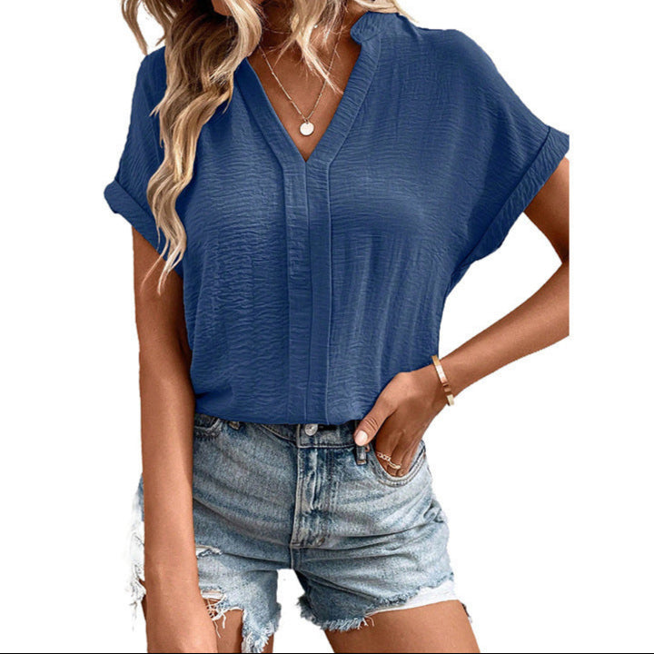 Solid Color V-Neck Pleated Short-Sleeve T-Shirt