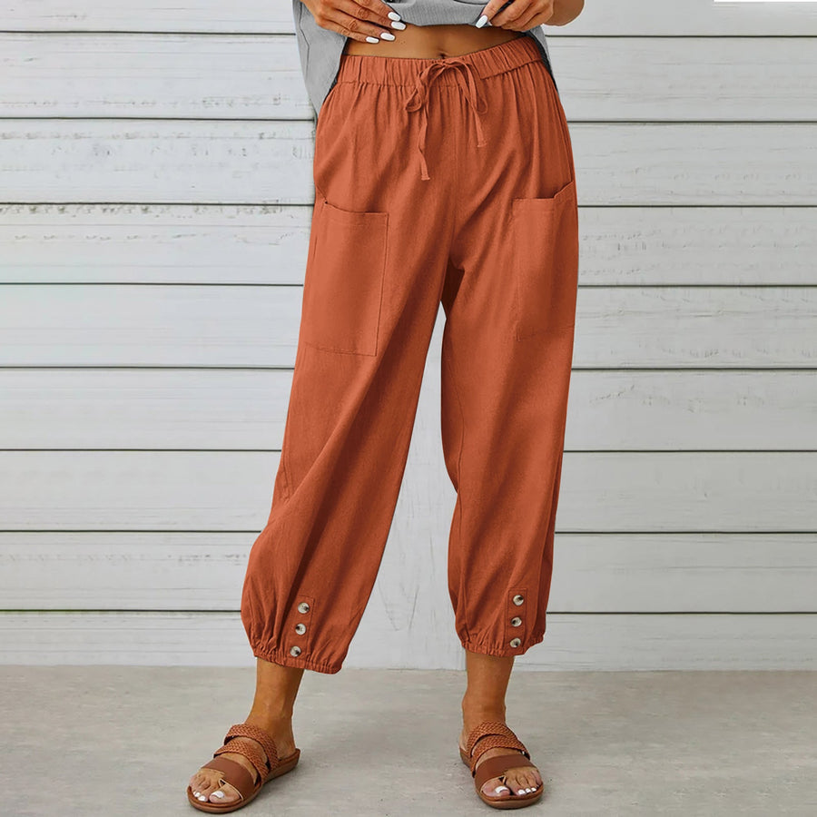 Loose High-Waist Buttoned Cotton Linen Wide-Leg Pants
