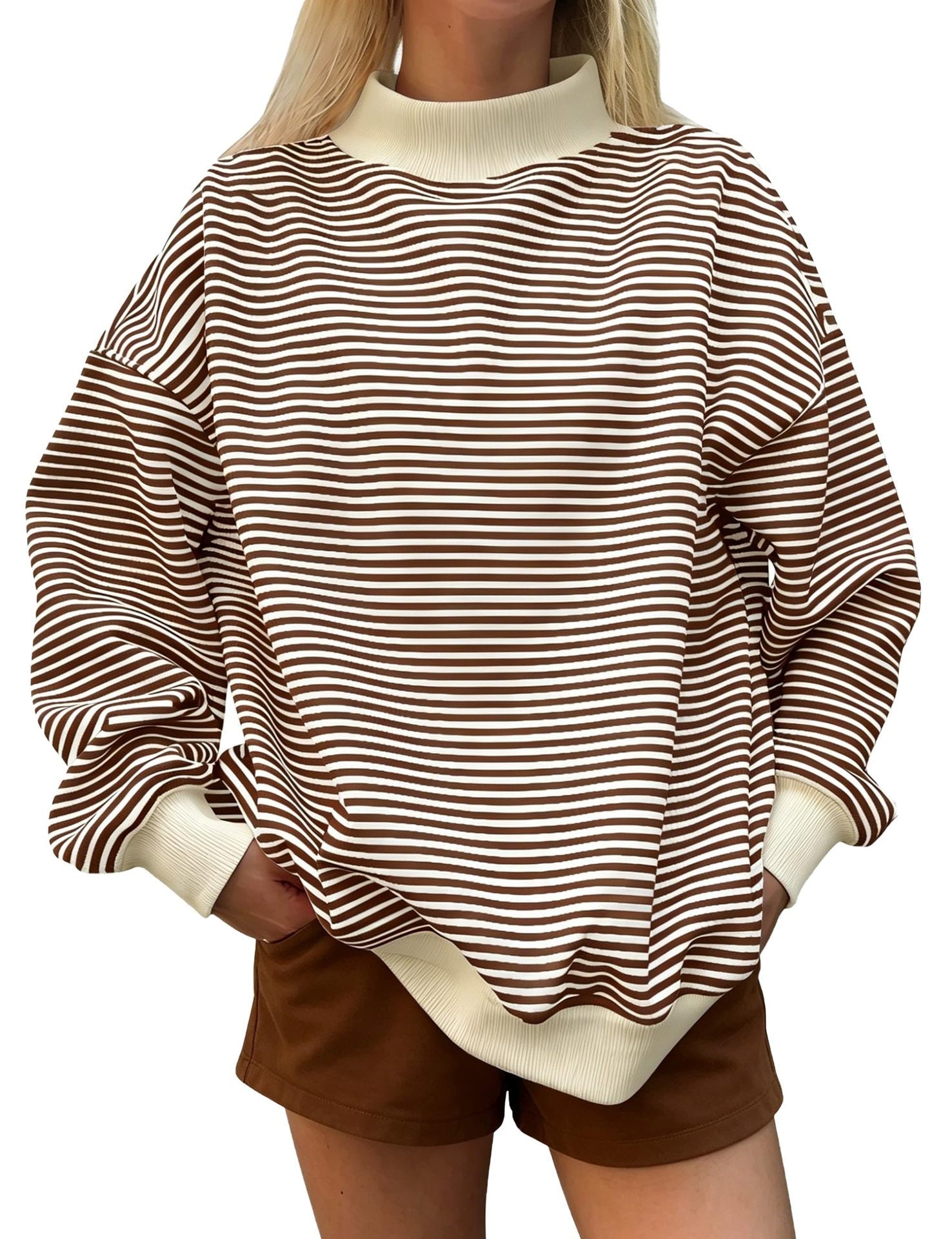 Women’s Striped Mock Neck Sweatshirt – Oversized Long Sleeve Pullover Tops for Women