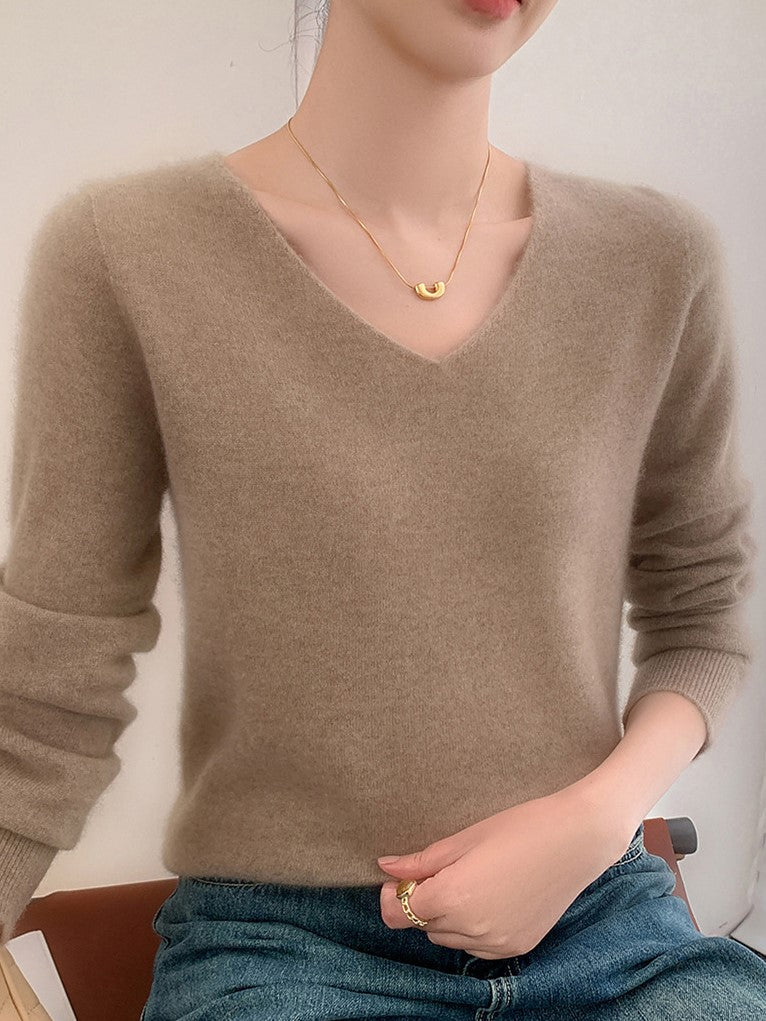 Women's Boutique Fuzzy V-Neck Long Sleeve Pullover Sweater