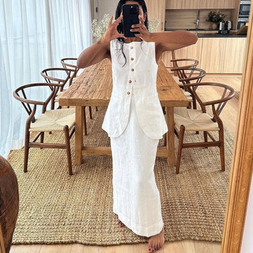 White Square Neck Vest & High Waist Skirt Set
