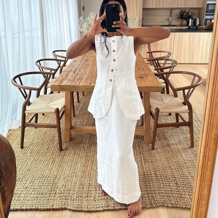 White Square Neck Vest & High Waist Skirt Set
