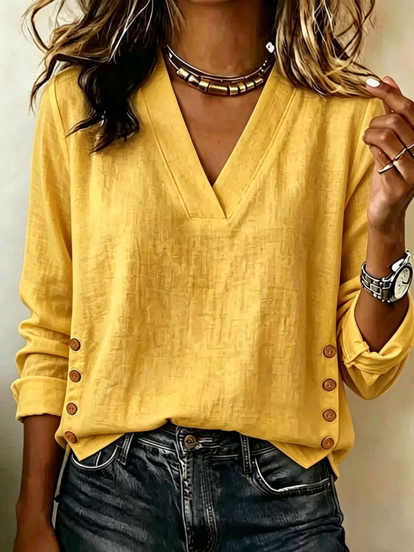 Cotton Linen V-Neck Button Side Top