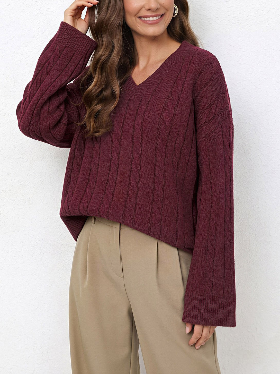 Women's V-Neck Cable Knit Sweater, Burgundy Relaxed Fit Pullover with Long Wide Sleeves