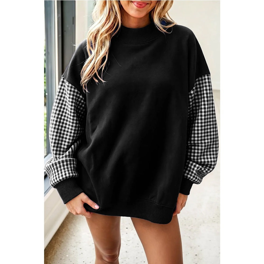 Women's Gingham Sleeve Pullover, Relaxed Fit Mock Neck Top with Ribbed Trim