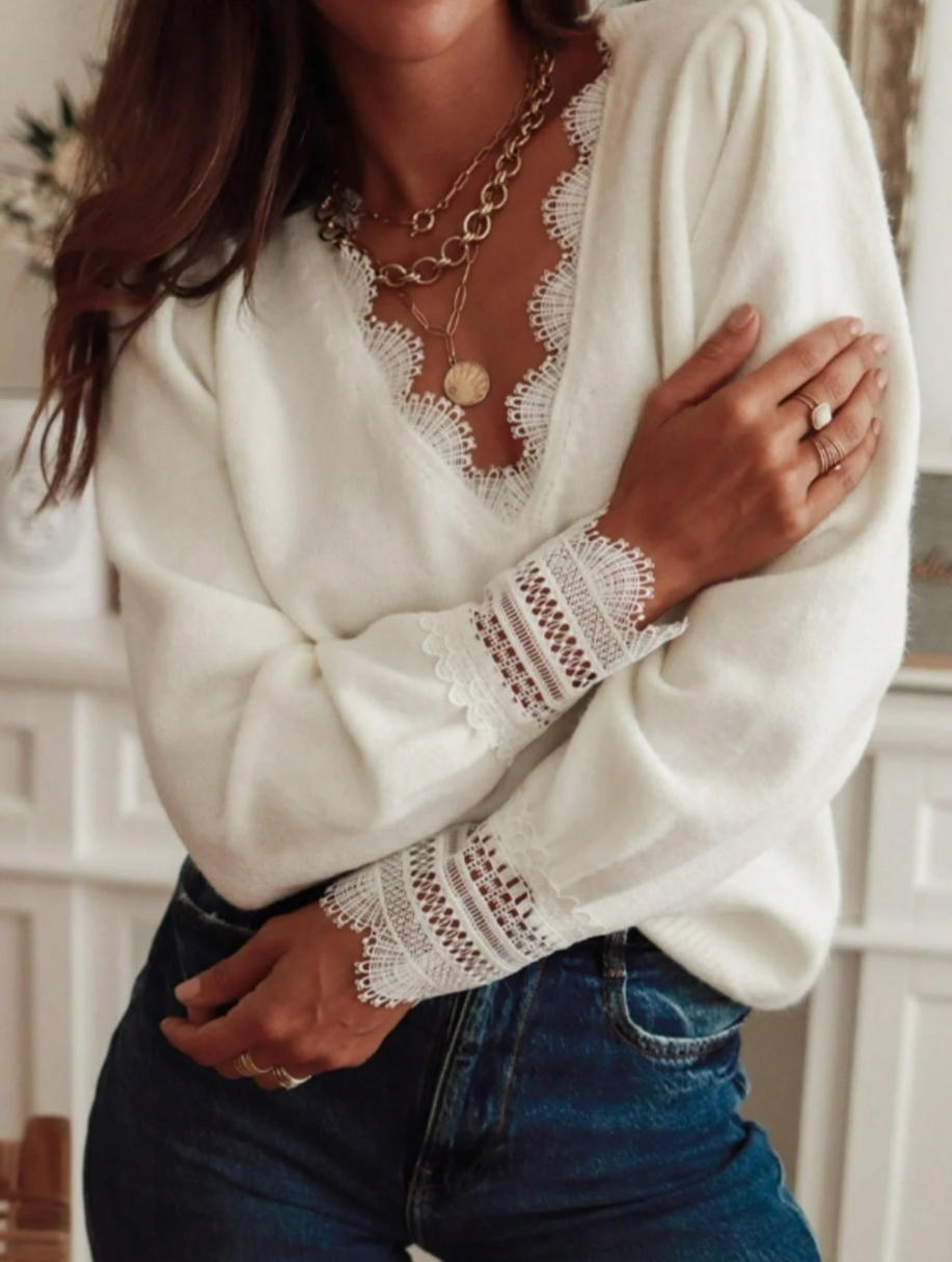 Boutique Lace Trim V Neck Long Sleeve Sweater
